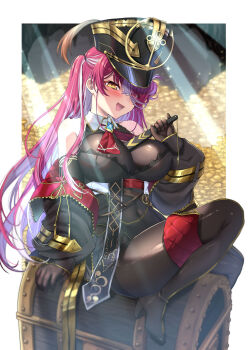 1girl :d arm_support ascot asymmetrical_hair bare_shoulders black_bodystocking black_boots black_gloves black_hat black_jacket black_leotard black_skirt blue_gem blush bodystocking boots breasts brooch coin colored_inner_hair comiket_101 commentary_request covered_navel fan_between_breasts fold-over_boots folded_fan folding_fan gem gloves gold_coin gold_trim grey_hair grey_streaks hair_bun hair_over_one_eye hand_fan hat heterochromia high-waist_skirt high_heel_boots high_heels highres holding holding_fan hololive houshou_marine houshou_marine_(marching_band) jacket jewelry lace-trimmed_leotard lace_trim large_breasts leotard long_hair long_sleeves looking_at_viewer minatasiro multicolored_hair official_alternate_costume official_alternate_hair_length official_alternate_hairstyle one_side_up open_mouth plume red_ascot red_eyes red_hair see-through_cleavage see-through_clothes shako_cap showgirl_skirt side_up_bun single_side_bun sitting_on_chest skirt smile solo strapless strapless_leotard streaked_hair thigh_boots treasure_chest two-sided_fabric two-sided_jacket underbust very_long_hair virtual_youtuber yellow_eyes