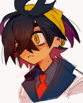 Rule 34 | 1boy, absurdres, black hair, blue shirt, blueberry academy school uniform, colored inner hair, crossed bangs, dot nose, hair between eyes, hairband, highres, jacket, kieran (pokemon), looking to the side, male focus, mole, mole on neck, multicolored hair, nintendo, parted lips, pokemon, pokemon sv, portrait, purple hair, school uniform, shirt, solo, tisanntisyou, two-tone hair, white background, white jacket, yellow eyes, yellow hairband