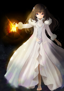Rule 34 | 1girl, absurdres, barefoot, black hair, dress, feet, female focus, gracefeel, hair ornament, highres, holding, holding lantern, hood, hooded robe, lantern, long hair, long sleeves, looking at viewer, purple eyes, robe, saihate no paladin, solo, standing, tashiro yuu, toes, tsurime, white dress, white robe
