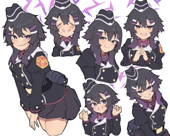 1girl belt black_jacket black_skirt blue_archive breasts closed_eyes commentary_request cropped_legs facing_viewer garrison_cap halo hands_up haruka_(blue_archive) hat highres jacket konntena looking_at_viewer multiple_views open_mouth pleated_skirt purple_eyes purple_hair purple_halo simple_background skirt smile steepled_fingers sweat white_background
