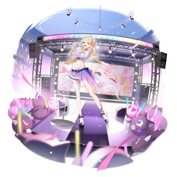 >_< 1girl 6+others ;d antenna_hair asymmetrical_legwear black_bow black_choker blonde_hair blush bow breasts choker diamond_(shape) fake_wings footwear_bow full_body furry game_cg glowstick gradient_hair halterneck heart heart-shaped_eyes heart_o-ring high_heels highres holding holding_glowstick holding_microphone jewelry large_breasts long_hair looking_at_viewer microphone microphone_stand mini_wings miniskirt multicolored_hair multiple_others navel non-web_source o-ring official_alternate_costume one_eye_closed open_mouth pink_hair pointing pointing_at_viewer poker_fate ponytail purple_skirt red_nails ring saotome_kokoro saotome_kokoro_(oath) screen_zoom single_thighhigh skirt smile solo_focus sparkling_eyes speaker stage stage_lights stomach thighhighs transparent_background white_wings wings