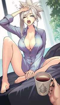 1boy 1girl ;o absurdres arm_up barefoot blue_eyes blue_shirt breasts button_gap cleavage coffee_mug collared_shirt cup fate/grand_order fate_(series) grey_hair highres holding holding_cup large_breasts miyamoto_musashi_(fate) mug naked_shirt on_bed one_eye_closed pov pov_hands rioliogiz shirt sitting sleepy squeans thighs waking_up yawning