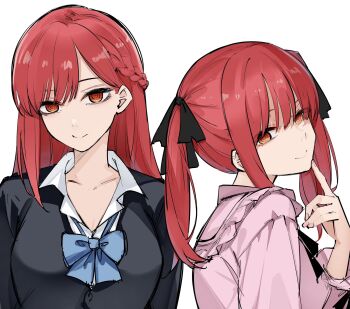 Rule 34 | 1girl, alternate hairstyle, black cardigan, blue bow, blue bowtie, bow, bowtie, braid, cardigan, chainsaw man, closed mouth, collared shirt, commentary request, finger to own chin, half updo, highres, jirai kei, long hair, looking at viewer, makima (chainsaw man), mame1645, multiple views, pink shirt, red eyes, red hair, ringed eyes, school uniform, shirt, sidelocks, simple background, smile, twintails, white background, white shirt