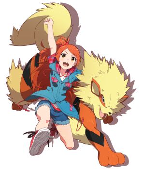 1girl arcanine arm_up blue_jacket clip_studio_paint_(medium) crossover denim denim_shorts drawstring full_body gen_1_pokemon highres idolmaster idolmaster_million_live! jacket long_hair looking_at_viewer nintendo ogami_tamaki open_mouth orange_hair pokemon pokemon_(creature) red_shoes shirt shoes short_shorts shorts shuuto_(shu-toritu) simple_background sneakers very_long_hair white_background white_shirt