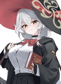 >:) 1girl absurdres black_coat black_shirt blue_archive blush book bow bowtie braid breasts brown_eyes brown_halo closed_mouth coat commentary crossed_bangs diagonal-striped_bow eri_(blue_archive) hair_between_eyes halo hat highres holding holding_book hood hood_down hooded_coat jewelry large_breasts long_hair looking_at_viewer miniskirt multiple_rings open_clothes open_coat red_bow red_bowtie ring shirt side_halo simple_background single_braid skirt smile smug solo striped_bow striped_bowtie striped_clothes tilted_halo tol10131 turtleneck turtleneck_shirt v-shaped_eyebrows white_background white_hair white_shirt witch_hat