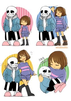 1boy 1other arm_up black_boots black_shorts blue_jacket blue_shorts blue_sweater boots brown_hair chara_(undertale) closed_mouth full_body grin highres hinakomochiut jacket multiple_views pink_slippers sans_(undertale) short_hair shorts skeleton slippers smile sweat sweater teeth twitter_username undertale utdr_(toby_fox) watermark white_background