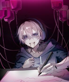 1boy ahoge black_hoodie blood blood_from_mouth brown_hair camille407 chinese_commentary collared_shirt commentary_request crossed_bangs drawstring grey_shirt grin hair_between_eyes headphones highres holding holding_pen hood hood_down hoodie intravenous_drip jidong_zhanshi_keven long_bangs male_focus paper pen pink_pupils purple_eyes real_life shirt smile solo sweat writing