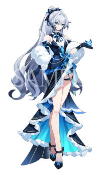 Rule 34 | 1girl, absurdres, bare shoulders, black dress, black gloves, blue butterfly, blue eyes, bow, breasts, bug, butterfly, butterfly on hand, closed mouth, dress, earrings, full body, fur trim, gloves, grey hair, high heels, highres, insect, jewelry, long hair, looking at viewer, non-web source, original, ponytail, shuoruoranxing, simple background, sleeveless, sleeveless dress, solo, standing, very long hair, watermark, white background