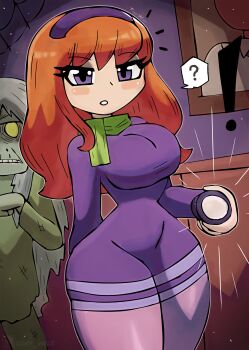! 1boy 1girl ? absurdres blush breasts colored_skin daphne_blake dress flashlight green_pants green_scarf green_shirt grey_hair grey_skin hairband hanna-barbera highres holding holding_flashlight large_breasts long_hair long_sleeves looking_at_viewer orange_hair pants pantyhose parted_lips picture_frame pink_pantyhose purple_dress purple_eyes scarf scooby-doo shirt silk speech_bubble spider_web spoken_question_mark standing teeth thick_thighs thighs tony_welt wide_hips yellow_eyes zombie