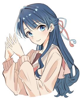 Rule 34 | 1girl, bien (djpwjd1), blue eyes, blue hair, blue ribbon, brown cardigan, brown dress, cardigan, closed mouth, commentary request, cropped torso, dress, hair ribbon, half updo, hasu no sora school uniform, highres, light blush, link! like! love live!, long sleeves, looking at viewer, love live!, murano sayaka, neckerchief, open cardigan, open clothes, own hands together, red neckerchief, red ribbon, ribbon, sailor collar, sailor dress, school uniform, simple background, smile, solo, split mouth, steepled fingers, upper body, virtual youtuber, white background, white sailor collar, winter uniform