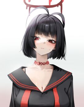 1girl absurdres alternate_hair_length alternate_hairstyle antenna_hair bags_under_eyes black_hair black_sailor_collar black_serafuku black_shirt blood blood_halo blue_archive blush bra_strap breasts cleavage closed_mouth commentary gradient_background halo highres large_breasts liquid_halo looking_at_viewer melting_halo no_dickey nonoa red_eyes red_halo sailor_collar school_uniform serafuku shirt short_hair simple_background solo tsurugi_(blue_archive) white_background