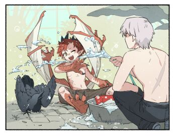 2boys animal_feet bird black_pants border child claws commentary crow dragon_boy dragon_horns dragon_wings fewer_digits holding holding_hose horns hose low_wings male_focus monster_boy mullmull02 multiple_boys navel on_ground one_eye_closed open_mouth original pants pointy_ears red_hair scar scar_on_back short_hair sitting spraying symbol-only_commentary taras-kun_(mullmull02) topless_male water white_border wings