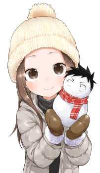 Rule 34 | 1girl, beanie, black hair, black sweater, brown coat, brown eyes, brown gloves, brown hair, character snowman, closed mouth, coat, commentary request, gloves, hat, highres, karakai jouzu no takagi-san, long hair, long sleeves, looking at another, looking at viewer, nishikata, plaid clothes, plaid scarf, red scarf, ribbed sweater, scarf, short hair, simple background, smile, snowman, solo, sweater, takagi-san, upper body, white background, white hat, yamamoto souichirou