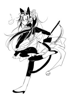 1girl ahoge alternate_costume amana_raika animal_ears apron bell blush boots bow cat_ears cat_girl cat_tail closed_mouth dizi dress enmaided flute flute_tassel frilled_apron frilled_dress frills full_body genderswap genderswap_(mtf) greyscale hair_between_eyes hair_bow high_heel_boots high_heels holding holding_flute holding_instrument instrument jingle_bell kemonomimi_mode knee_boots leg_up long_hair long_sleeves looking_at_viewer looking_back maid maid_apron maid_headdress modao_zushi monochrome pantyhose ponytail puffy_sleeves sidelocks simple_background sketch solo standing standing_on_one_leg tail tassel transverse_flute very_long_hair wei_wuxian white_background