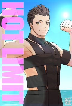 Rule 34 | 1boy, blue sky, brown eyes, brown hair, flexing, hot limit, looking at viewer, male focus, manojimerser, ocean, sengoku basara, short hair, sky, smile, solo, song name, sun, t.m.revolution, tokugawa ieyasu (sengoku basara), toned, toned male, upper body