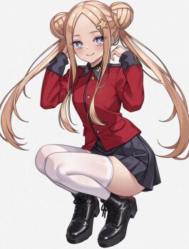 1girl aadka5 black_shoes black_skirt blue_eyes blush breasts girls_und_panzer hair_ornament highres jacket long_hair looking_at_viewer original red_jacket school_uniform shoes simple_background skirt sky small_breasts smile solo squatting st._gloriana&#039;s_military_uniform star_(sky) starry_sky thighhighs twintails white_thighhighs