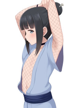 1girl armpits arms_up atg_(wttoo0202) black_hair blue_eyes blush bodystocking closed_mouth fishnet_bodystocking fishnets flat_chest from_side highres japanese_clothes kunoichi_tsubaki_no_mune_no_uchi loli looking_at_viewer mokuren_(kunoichi_tsubaki_no_mune_no_uchi) navel open_clothes short_sleeves simple_background smile solo upper_body white_background