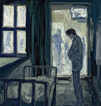 1boy bed black_hair crossed_arms curtains from_side full_body highres hospital hospital_bed indoors original painterly people revol4357 short_hair standing tile_floor tiles