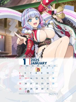 Rule 34 | 1girl, 2025, absurdres, blue eyes, breasts, calendar, dolphin wave, highres, january, kukuri tomo, large breasts, official art, open mouth, smile, underboob