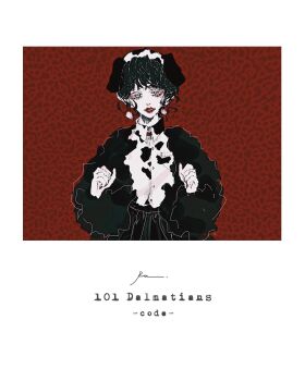 101_dalmatians 1girl animal_ears black_hair character_request coat dog_ears dog_girl dress fur_coat gloves highres multicolored_hair open_mouth perdita_(disney) pongo_(disney) red_gloves sexygirl_jp short_hair simple_background smile solo white_hair