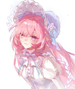 1girl absurdres alternate_costume bonnet breasts center_frills chinese_commentary commentary cyrene_(honkai:_star_rail) cyrene_(ripples_of_past_reverie)_(honkai:_star_rail) diamond-shaped_pupils diamond_(shape) english_commentary frills heiyi_mataozi highres honkai:_star_rail honkai_(series) juliet_sleeves long_hair long_sleeves looking_at_viewer medium_breasts mixed-language_commentary parted_lips pink_hair pointy_ears puffy_sleeves purple_eyes shirt sidelocks simple_background smile solo symbol-shaped_pupils upper_body white_background white_bonnet white_shirt