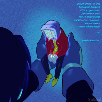 1boy 1other ant_tenna artist_name black_pants commentary crt cupcakeshakesnake deltarune english_commentary english_text gloves highres kris_(dark_world)_(deltarune) kris_(deltarune) mini_person miniboy necktie object_head pants pointy_nose shoes sitting_on_hand static tailcoat utdr_(toby_fox) white_gloves yellow_necktie yellow_shoes