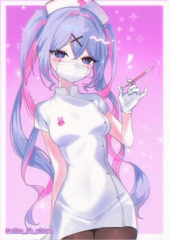 1girl arm_at_side blue_eyes blue_hair blush border breasts brown_pantyhose colored_inner_hair commentary corrupted_twitter_file cowboy_shot crossed_bangs dress facial_mark gloves hair_between_eyes hair_intakes hair_ornament hat hatsune_miku heart highres holding holding_syringe long_hair looking_at_viewer mark_under_eye mask medium_breasts mouth_mask multicolored_hair nurse nurse_cap pantyhose pink_background pink_hair pink_pupils rabbit_hole_(vocaloid) short_sleeves sidelocks siho_is_alien solo surgical_mask syringe teardrop_facial_mark twintails twitter_username two-tone_hair very_long_hair vocaloid white_dress white_gloves x_hair_ornament