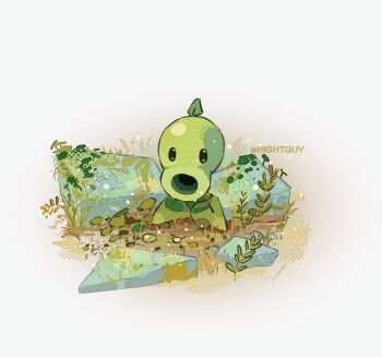 artist_name black_eyes commentary dirt film_grain foliage grey_background halftone halftone_background highres hightguy leaf looking_at_viewer no_humans peashooter_(plants_vs._zombies) plant plants_vs._zombies rock simple_background solid_oval_eyes solo symbol-only_commentary