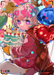 Rule 34 | 2boys, absurdres, androgynous, balloon, brown gloves, candle, cape, character cookie, cherry, confetti, eyelashes, food, fruit, gloves, happy birthday, heart balloon, highres, kneeling, looking at viewer, merumerumerume, multiple boys, ocean prince, otomo (puyopuyo), out of frame, parted lips, pink hair, purple eyes, puyo (puyopuyo), puyopuyo, puyopuyo fever, red cape, salde canarl shellbrick iii, thighhighs, white thighhighs, yellow gloves