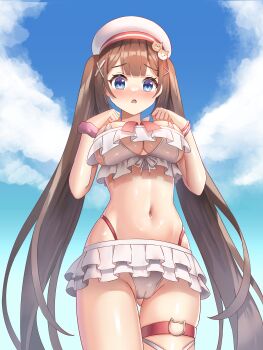 1girl absurdres ayamy_(vtuber) bikini bikini_skirt blue_eyes blue_sky blush blustar_sky breasts brown_hair cameltoe cleavage commentary cowboy_shot english_commentary hat high-waist_bikini highres indie_virtual_youtuber korean_commentary large_breasts long_hair looking_at_viewer mixed-language_commentary navel open_mouth outdoors scrunchie sky solo swimsuit thigh_strap twintails very_long_hair virtual_youtuber white_bikini white_hat wrist_scrunchie