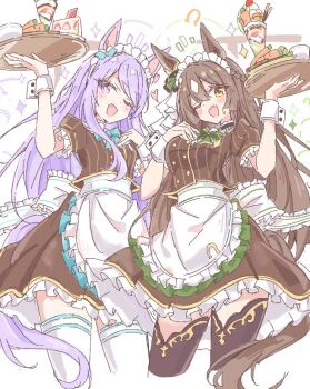 2girls akure1129 animal_ears apron aqua_bow blush bow braid breasts brown_eyes brown_hair brown_shirt brown_skirt brown_thighhighs cake carrot coco's collar commentary_request double-parted_bangs ear_bow ear_ornament food frilled_collar frills green_bow hair_between_eyes half_up_braid heart holding holding_tray horse_ears horse_girl horse_tail large_breasts long_hair looking_at_viewer mejiro_mcqueen_(umamusume) multicolored_hair multiple_girls one_eye_closed open_mouth parfait purple_eyes purple_hair satono_diamond_(umamusume) shirt skirt smile streaked_hair tail thighhighs tray umamusume very_long_hair waist_apron white_apron white_headdress white_thighhighs white_wrist_cuffs wrist_cuffs