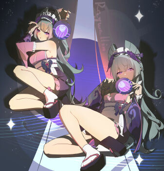 2girls aqua_hair artist_name clone detached_sleeves genshin_impact highres japanese_clothes kimono long_hair looking_at_viewer multiple_girls obi pink_kimono platform_clogs platform_sandals purple_eyes raywallin sandals sash smile socks very_long_hair white_socks yumemizuki_mizuki