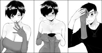 1boy 1girl bare_shoulders black_shirt blush breasts cleavage closed_mouth commission dress elbow_gloves facing_viewer finger_to_mouth gloves greyscale large_breasts looking_at_viewer meme monochrome norman_maggot olive_laurentia one_eye_closed original pixie_cut sequential shirt short_hair sigit_martinus smile standing strapless strapless_dress sweat unworn_gloves upper_body wink