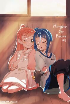 2girls ;) artist_name barefoot blue_hair blue_pants blue_shirt bow bowtie casual closed_eyes closed_mouth collared_dress commentary copyright_name dated day dress green_eyes hair_bun highres hirogaru_sky!_precure kneeling leaning_on_person long_hair long_shirt long_sleeves looking_at_another mugima_kumata multiple_girls nijigaoka_mashiro on_floor one_eye_closed pants pink_dress pink_hair precure scrunchie shirt short_dress short_sleeves side-by-side side_ponytail single_hair_bun sitting sleeping smile sora_harewataru sunlight two-tone_dress white_bow white_bowtie white_dress wooden_floor wrist_scrunchie