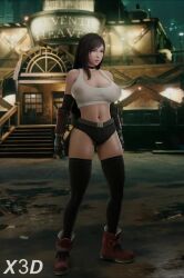 1girl 3d alternate_costume animated arched_back armpits black_gloves boots bouncing_breasts breasts brown_hair cammy_stretch_(meme) elbow_gloves final_fantasy final_fantasy_vii final_fantasy_vii_remake full_body gloves huge_breasts lips long_hair low-tied_long_hair lowres navel nipples no_bra outdoors red_eyes red_footwear see-through_clothes see-through_shirt short_shorts shorts standing stretching tagme tank_top thighhighs tifa_lockhart town very_long_hair video white_tank_top x3d