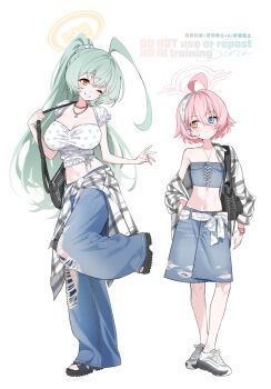 age_difference bare_shoulders blue_archive blue_eyes breasts green_hair hair_between_eyes halo highres hoshino_(blue_archive) large_breasts long_hair medium_hair navel no_socks onee-loli pink_halo ponytail shoes simple_background sirin_(sirin_8_8) sneakers white_background yellow_eyes yellow_halo yume_(blue_archive)