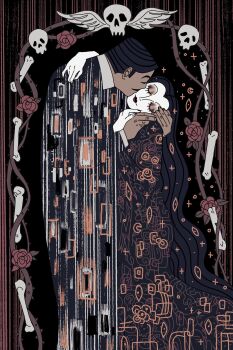 1boy 1girl the_addams_family arm_around_neck black_dress black_eyeshadow black_hair black_lips black_nails black_suit bone closed_eyes closed_mouth cookiekappa couple dark-skinned_male dark_background dark_skin dress eyeshadow facial_hair feathered_wings fine_art_parody flower formal_clothes full_body gomez_addams gustav_klimt_(style) hand_on_another's_shoulder head_grab head_tilt highres holding_another's_arm husband_and_wife kiss kissing_cheek long_hair long_sleeves makeup morticia_addams mustache_stubble nail_polish pale_skin parody red_flower red_rose rose short_hair skull stubble suit the_kiss thorns very_long_hair white_wings wings