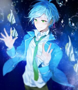 1boy ahoge blue_hair blue_jacket ensemble_stars! fish green_eyes green_necktie jacket male_focus necktie shinkai_kanata smile solo sukja tears water