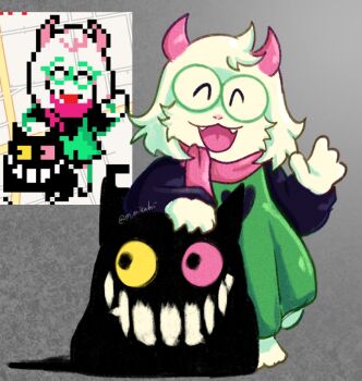 1boy 1other ^_^ animal_ears arm_rest artist_name barefoot black_eyes black_sleeves cat_ears closed_eyes commentary deltarune derivative_work english_commentary facing_viewer fangs film_grain fluffy friend_(deltarune) full_body furry furry_male glasses goat_boy goat_ears goat_horns green-framed_eyewear green_robe grey_background grin hands_up happy height_difference horns invisible_floor leaning long_sleeves looking_to_the_side mimikabii mismatched_sclera monster nostrils open_hand open_mouth pink_horns pink_scarf ralsei reference_inset robe round_eyewear scarf screenshot_redraw sideways_glance slime_(substance) smile standing straight-on utdr_(toby_fox) waving white_fur wplace