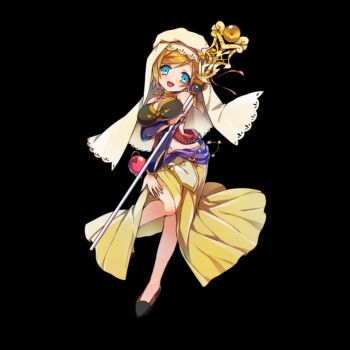 1girl aqua_eyes arm_under_breasts bandeau bare_shoulders black_background blonde_hair blush bouncing_breasts breasts cleavage flats full_body head_tilt highres holding holding_staff jewelry large_breasts long_skirt merc_storia merc_storia_art_team navel necklace official_art open_hand open_mouth outstretched_arm ribbon short_hair side_slit sidelocks simple_background skirt smile solo staff standing standing_on_one_leg tachi-e tareme wendy_(merc_storia) yellow_skirt