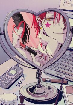 2boys bite_mark bite_mark_on_pecs black_hair cellphone clothes_lift computer earrings facepaint fingernails flip_phone heart-shaped_mirror highres hisoka_morow hunter_x_hunter illumi_zoldyck implied_yaoi jewelry jz88 laptop lipstick long_hair looking_at_another makeup makeup_brush mirror multiple_boys partially_undressed phone red_hair sharp_fingernails shirt_lift smile undressing yellow_eyes