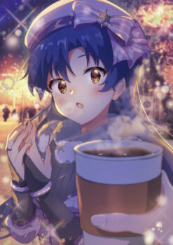1girl 1other beret blue_hair blurry blurry_foreground blush bow bridal_gauntlets brown_eyes commentary_request cup disposable_coffee_cup disposable_cup hair_bow hands_up hat holding holding_cup idolmaster idolmaster_(classic) idolmaster_million_live! idolmaster_million_live!_theater_days kisaragi_chihaya long_hair looking_at_viewer night official_alternate_costume open_mouth outdoors pov pov_hands solo_focus twwibql2kktg5am upper_body watermark