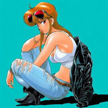 1990s_(style) 1girl boots bracelet breasts brown_hair bubblegum_crisis cleavage denim jacket jeans jewelry leather leather_jacket looking_at_viewer navel pants priscilla_asagiri red_eyes retro_artstyle sideboob sitting sonoda_ken'ichi sunglasses sunglasses_on_head tank_top torn_clothes torn_pants
