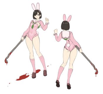 adapted_costume animal_ears ascot ass black_hair blood bloody_weapon fake_animal_ears fake_tail flat_ass green_ascot highres holding holding_lead_pipe lead_pipe leotard mokotoko9 multiple_views nontraditional_playboy_bunny pink_leotard pink_socks rabbit_ears rabbit_tail sailor_collar shimizu_hinako shimizu_hinako_(pink_rabbit_costume) short_hair shrug_(clothing) silent_hill_(series) silent_hill_f simple_background socks tail turnaround weapon wrist_cuffs