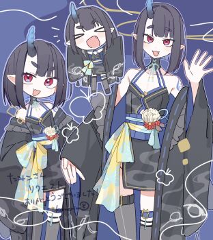 >_< 1girl :3 :d artist_name asymmetrical_legwear black_dress black_sleeves blue_background blue_horns blue_sash blue_trim blunt_bangs bow breasts chibi cleavage closed_eyes commentary commission detached_sleeves dot_nose dress fang feet_out_of_frame full_body grey_hair grey_thighhighs hand_up hands_on_own_hips hands_up head_tilt highres horns japanese_clothes komerina large_bow light_blush long_sleeves looking_at_viewer medium_hair multiple_views obi oni open_mouth original outstretched_arms pointy_ears red_eyes sash short_dress side_slit sidelocks signature single_horn skin_fang sleeveless sleeveless_dress sleeves_past_fingers sleeves_past_wrists small_breasts smile spread_arms standing thick_eyebrows thighhighs translated uneven_legwear v-shaped_eyebrows wide_sleeves