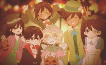 2girls 4boys absurdres alternate_costume alternate_universe antenna_hair arm_up arms_up aubrey_(faraway)_(omori) aubrey_(omori) basil_(faraway)_(omori) basil_(omori) basket black_eyes black_hair blonde_hair blue_eyes blurry blurry_background blush bright_pupils brother_and_sister brothers brown_hair brown_hat closed_mouth coat collarbone dark-skinned_male dark_skin double-parted_bangs flower grin hair_between_eyes hair_flower hair_ornament halloween_costume hat hero_(faraway)_(omori) hero_(omori) highres holding holding_basket index_finger_raised kel_(faraway)_(omori) kel_(omori) long_sleeves looking_at_viewer mari_(faraway)_(omori) mari_(omori) multiple_boys multiple_girls my_loleeta omori one_eye_closed open_clothes open_coat open_mouth parted_lips pink_coat pointing pointing_at_self second-party_source short_hair short_sleeves siblings smile sunny_(omori) teeth upper_teeth_only v white_pupils witch_hat