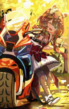 1girl animal_ears autumn blush blush_stickers commentary_request dress green_eyes highres horse_ears horse_girl leaning_against_vehicle long_hair looking_at_viewer one_eye_closed open_mouth red_dress red_hair smile solo takuan_(taku1219oekaki) umamusume v win_variation_(dramatic_tutu)_(umamusume) win_variation_(umamusume)