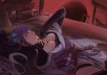 1girl absurdres blunt_bangs blurry blurry_background breasts bridal_gauntlets cleavage commentary_request ezawa fan_hair_ornament flower_ornament genshin_impact glowing glowing_eyes hair_ornament highres japanese_clothes kimono large_breasts lingerie long_hair looking_up lying mitsudomoe_(shape) mole mole_under_eye on_back parted_lips purple_eyes purple_hair purple_kimono raiden_shogun red_background red_sky shade sky solo thighs tomoe_(symbol) underwear