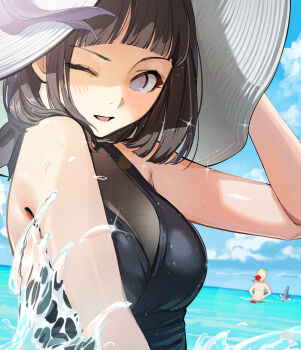 1boy 1girl aroused_nosebleed black_hair black_one-piece_swimsuit blood blue_sky blunt_bangs breasts c-eye cloud commentary day hat hyuuga_hinata naruto_(series) naruto_shippuuden nosebleed ocean one-piece_swimsuit one_eye_closed purple_eyes revision shark_fin sky sun_hat swimsuit untranslatable_commentary upper_body uzumaki_naruto water
