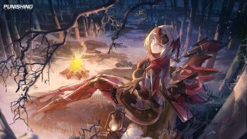 1girl absurdres ass bare_tree bonfire breasts closed_mouth commentary cyborg english_commentary forehead_protector full_body grey_hair hair_between_eyes hair_ornament headgear highres joints lantern large_breasts logo looking_at_viewer mecha_musume mechanical_arms mechanical_legs mechanical_wings medium_hair night official_alternate_costume outdoors punishing:_gray_raven robot_joints rosetta:_rigor_(niki_us1000)_(pgr) rosetta_(pgr) shadow sidelocks sitting solo tree wings